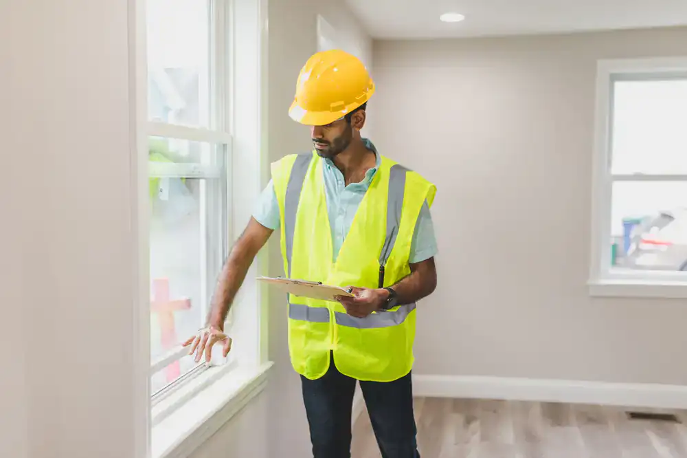 Technician evaluating a property for a window cleaning quote